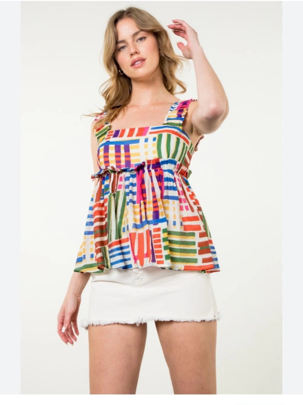 THML "Marjorie" Coquette Flirty Summer Multicolor Striped Ruffle Smocked Top  L
